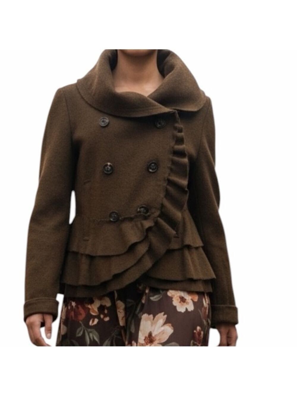 Anthropologie Elevenses Wool Ruffle Echelon Peplum Pea Coat Jacket Size 12